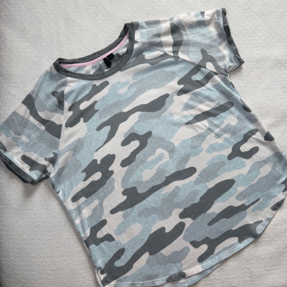 Kensie Blue Camouflage Short Sleeve Raglan Top R12723938 Womens Large